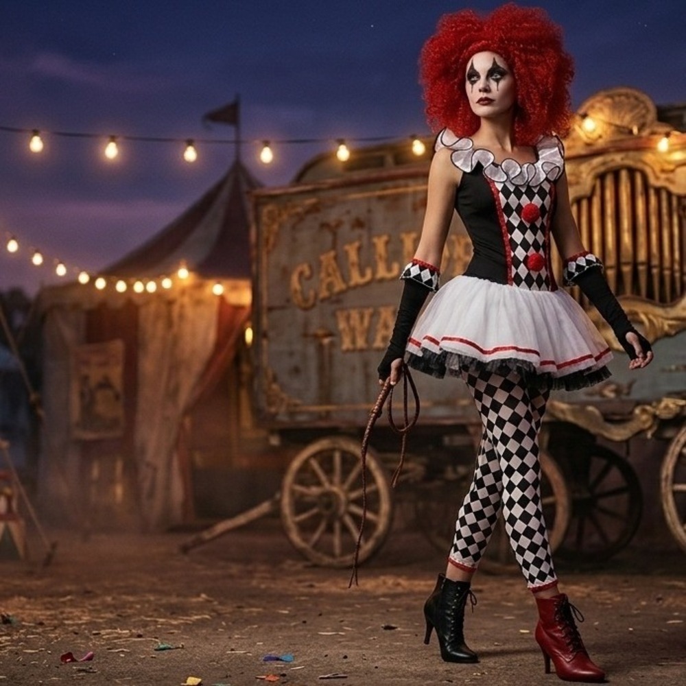 Harlequin Honey Clown Costume Set Junior Large Black White Red Jester Halloween